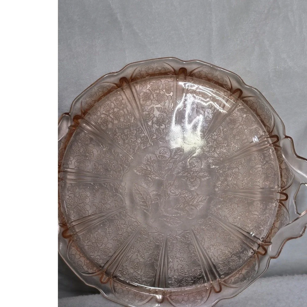 Vintage Jeannette Cherry Blossom Pink Depression Glass Handled Cake Plate 1930s